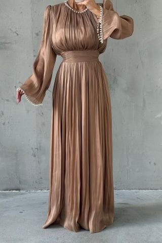 Pearl Embellished Flowing Organza Fabric Hijab Evening Dress Mink