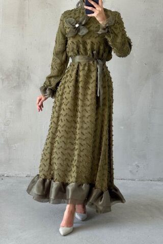 Elegant Ruffle Detailed Hijab Evening Dress Khaki