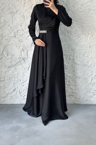 Belden Taş Detaylı Tesettür Abiye Siyah