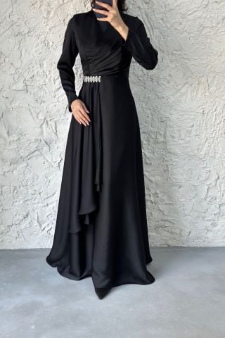 Belden Taş Detaylı Tesettür Abiye Siyah