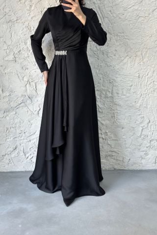 Belden Taş Detaylı Tesettür Abiye Siyah