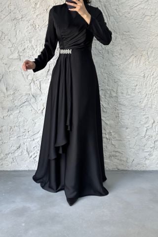 Black Hijab Evening Dress with Stone Detail at the Waist