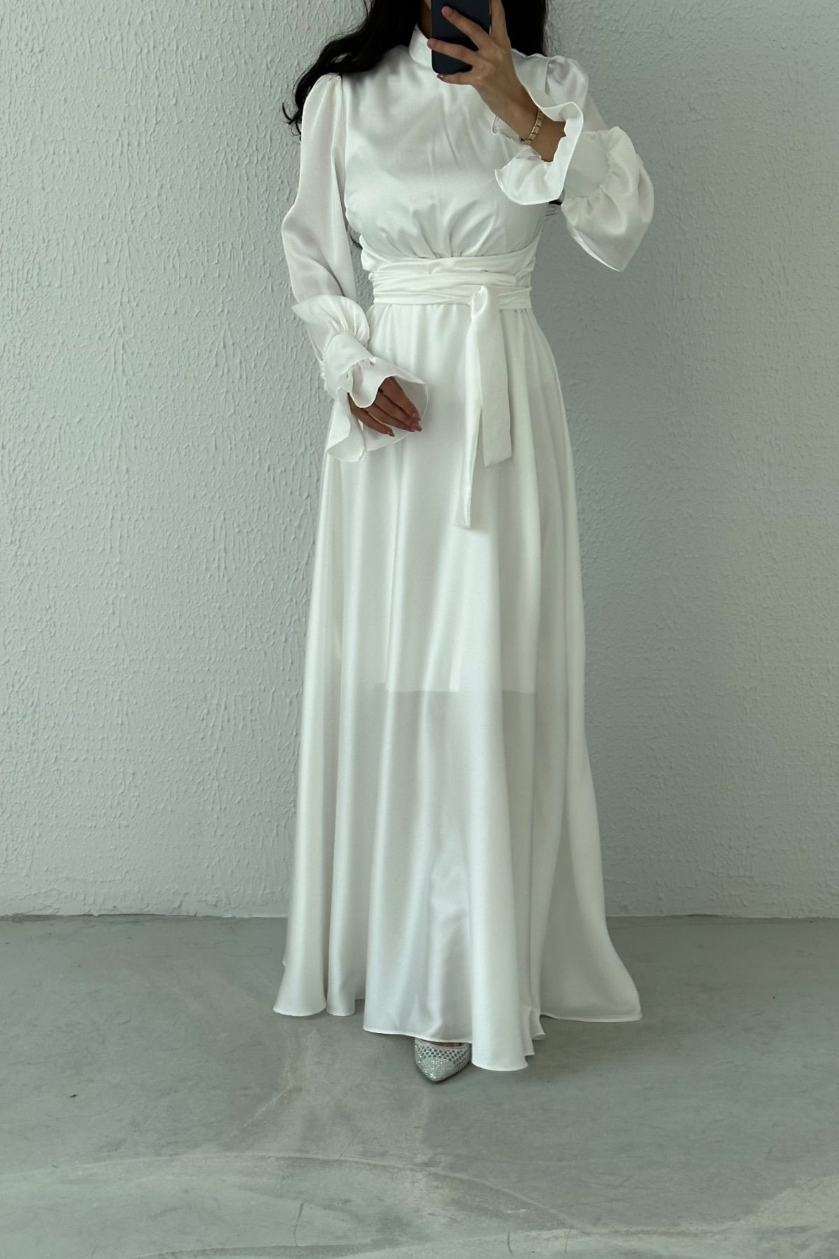 Hakim Yaka Volan Kol Saten Tesettür Abiye Ekru