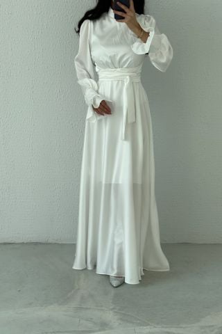 Hakim Yaka Volan Kol Saten Tesettür Abiye Ekru