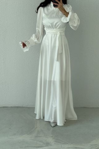 Hakim Yaka Volan Kol Saten Tesettür Abiye Ekru