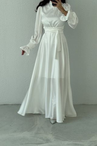 Hakim Yaka Volan Kol Saten Tesettür Abiye Ekru