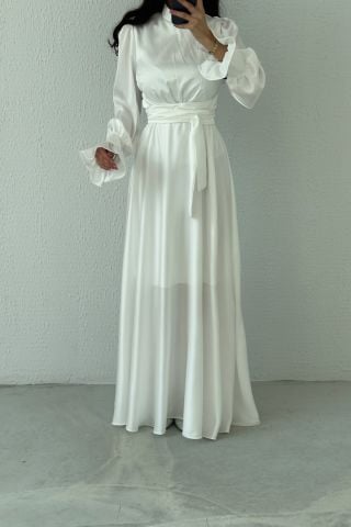 Hakim Yaka Volan Kol Saten Tesettür Abiye Ekru