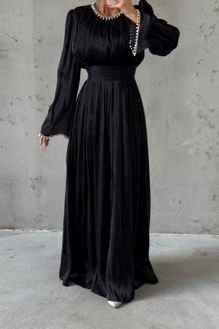 Pearl Embellished Flowing Organza Fabric Hijab Evening Dress Black