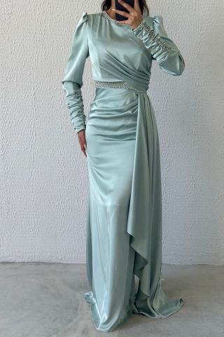 Elegant Sparkle: Stone Detailed Draped Satin Hijab Evening Dress Mint Green