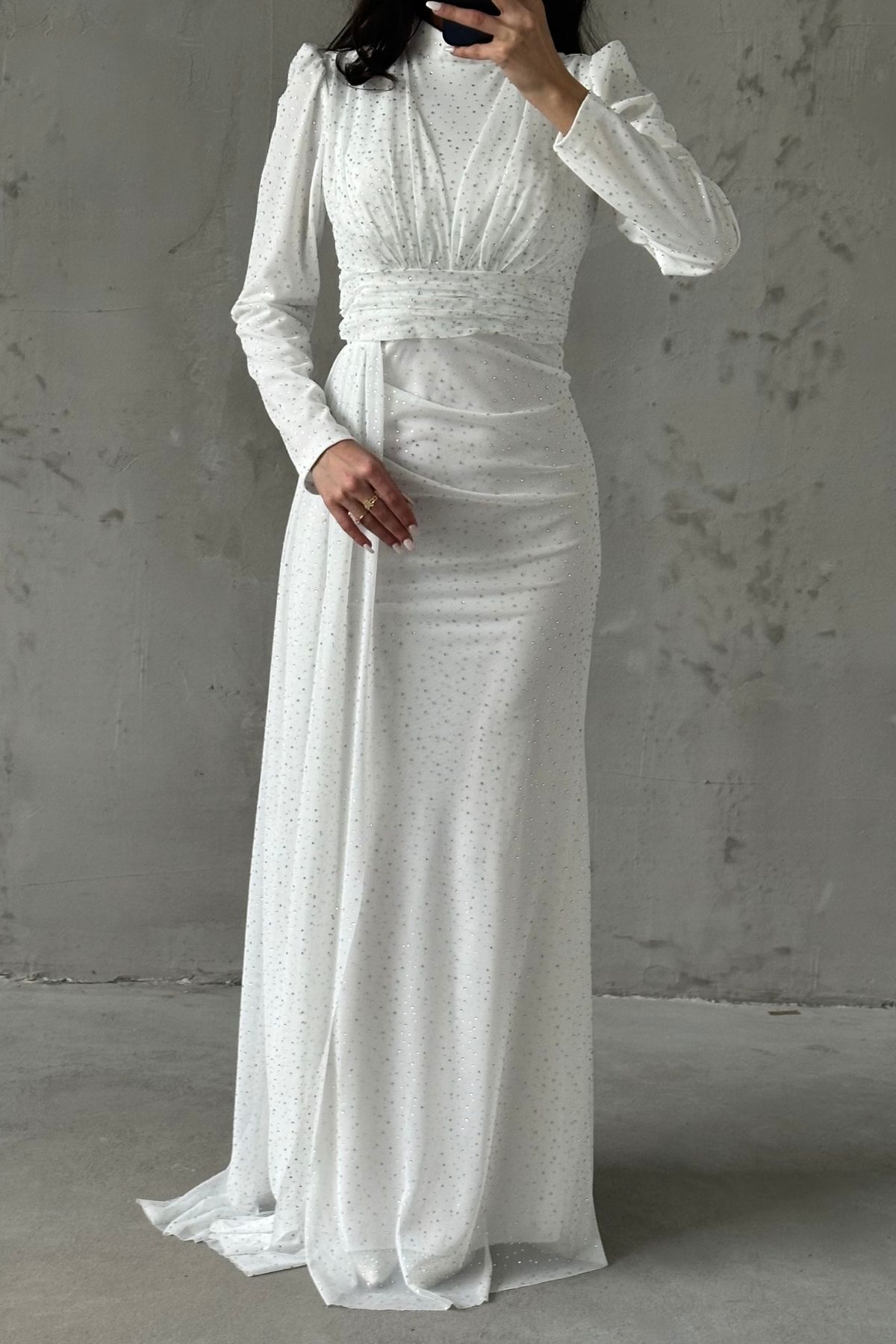 Shimmering Stone Embroidered Hijab Evening Dress Ecru