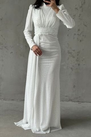 Shimmering Stone Embroidered Hijab Evening Dress Ecru
