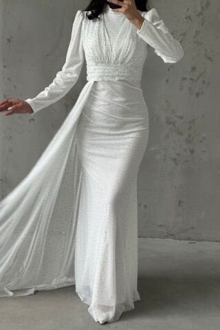 Pırıltılı Taş İşlemeli Tesettür Abiye Ekru