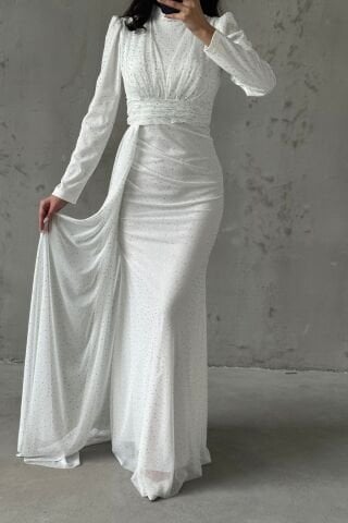 Shimmering Stone Embroidered Hijab Evening Dress Ecru