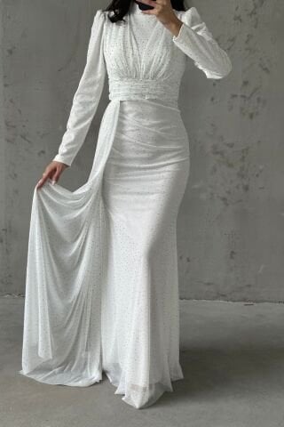Shimmering Stone Embroidered Hijab Evening Dress Ecru