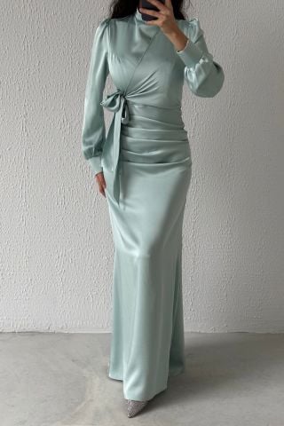 Büzgü Ve Düğüm Detaylı Saten Tesettür Abiye Mint Yeşili