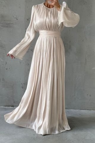 Pearl Embellished Flowing Organza Fabric Hijab Evening Dress Ecru