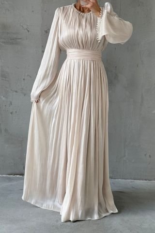 İncilerle Süslenmiş Akıcı Organze Kumaş Tesettür Abiye Ekru