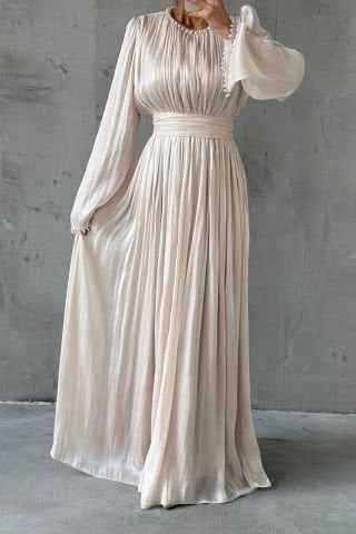 İncilerle Süslenmiş Akıcı Organze Kumaş Tesettür Abiye Ekru