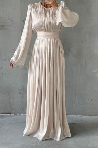 İncilerle Süslenmiş Akıcı Organze Kumaş Tesettür Abiye Ekru