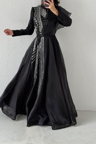 Organze Kumaş Şık Tesettür Abiye Siyah