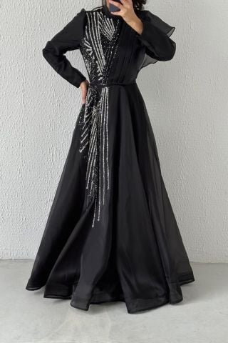 Organze Kumaş Şık Tesettür Abiye Siyah