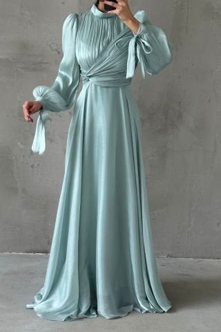 Kol Bağlama Detaylı Akıcı Kumaş Tesettür Abiye Mint Yeşili