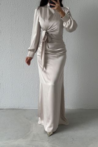 Satin Hijab Evening Dress Beige with Gathering and Knot Detail