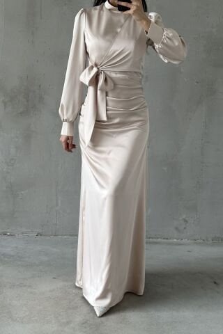 Büzgü Ve Düğüm Detaylı Saten Tesettür Abiye Bej