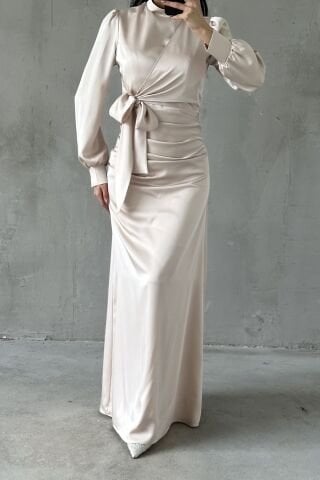 Büzgü Ve Düğüm Detaylı Saten Tesettür Abiye Bej