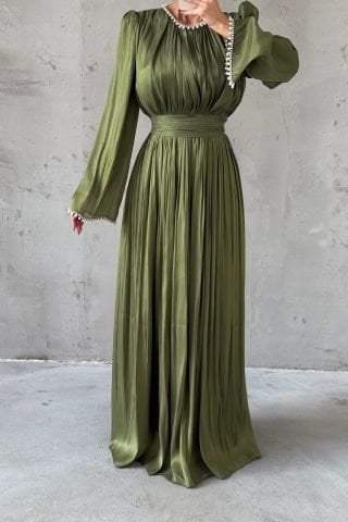 İncilerle Süslenmiş Akıcı Organze Kumaş Tesettür Abiye Haki