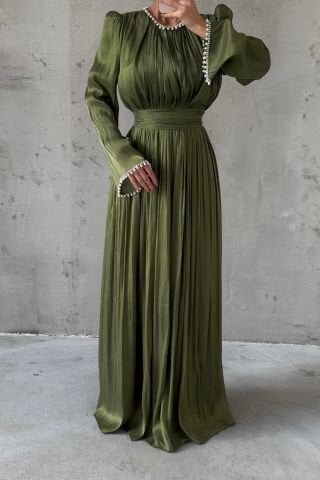 İncilerle Süslenmiş Akıcı Organze Kumaş Tesettür Abiye Haki