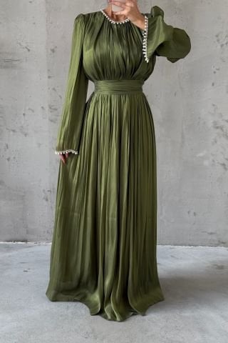 Flowing Organza Fabric Hijab Evening Dress Khaki Embellished with Pearls