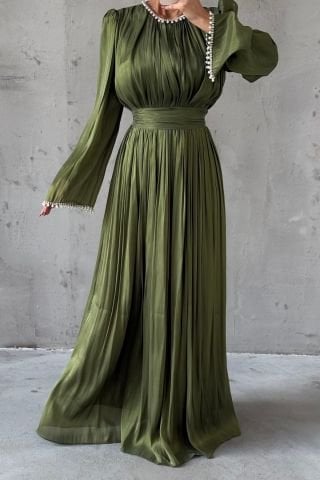 İncilerle Süslenmiş Akıcı Organze Kumaş Tesettür Abiye Haki