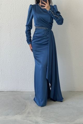Elegant Sparkle: Stone Detailed Draped Satin Hijab Evening Dress Indigo
