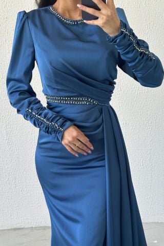 Elegant Sparkle: Stone Detailed Draped Satin Hijab Evening Dress Indigo