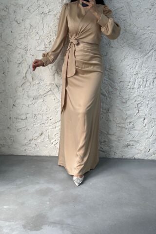Satin Hijab Evening Dress with Gathering and Knot Detail, Stone