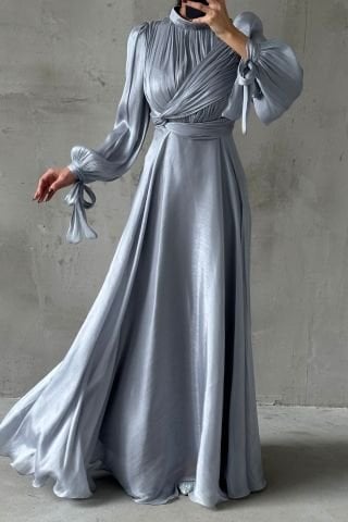 Flowing Fabric Hijab Evening Dress Gray with Sleeve Tie Detail