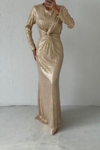 Front Detailed Sequined Hijab Evening Dress Stone