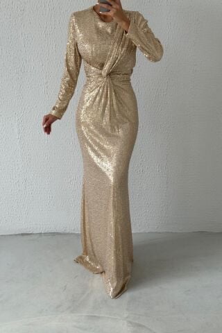 Front Detailed Sequined Hijab Evening Dress Stone