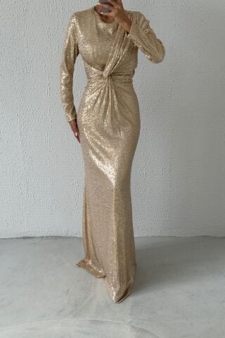 Front Detailed Sequined Hijab Evening Dress Stone