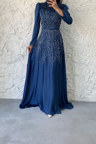 Taş Ve Tüy Detaylı Saten Tesettür Abiye İndigo