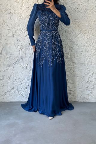 Taş Ve Tüy Detaylı Saten Tesettür Abiye İndigo
