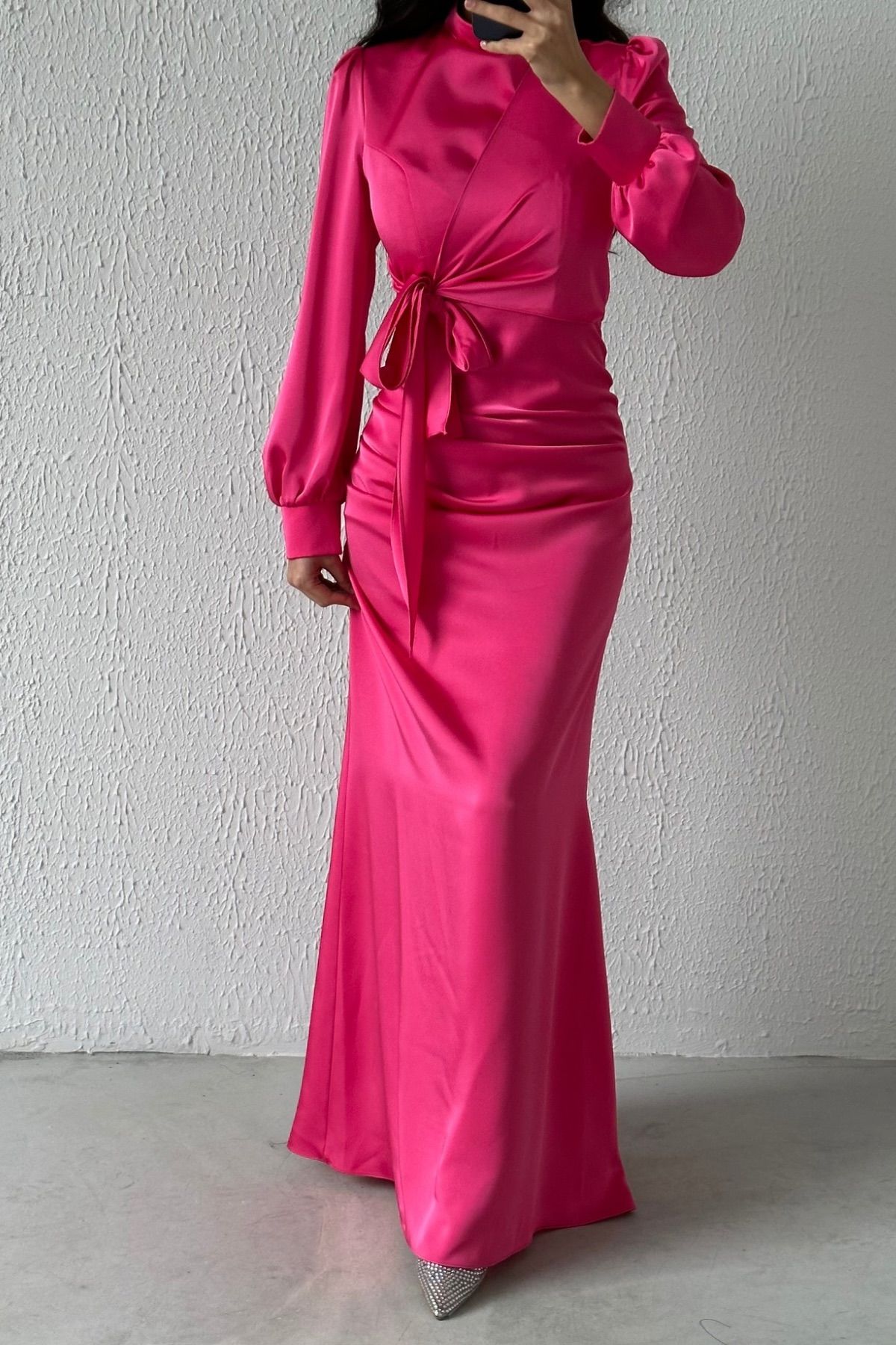 Satin Hijab Evening Dress Fuchsia with Gathering and Knot Detail