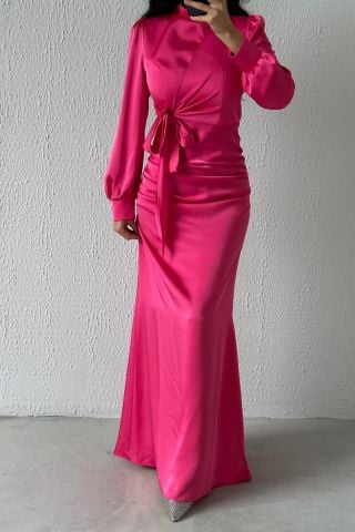 Satin Hijab Evening Dress Fuchsia with Gathering and Knot Detail