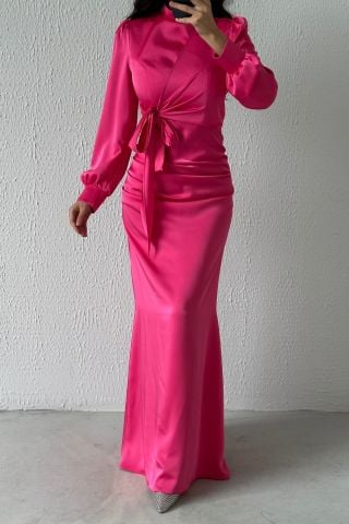 Satin Hijab Evening Dress Fuchsia with Gathering and Knot Detail