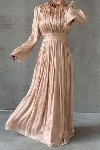 فستان سهرة للحجاب من قماش الأورجانزا السائل مزين باللؤلؤ