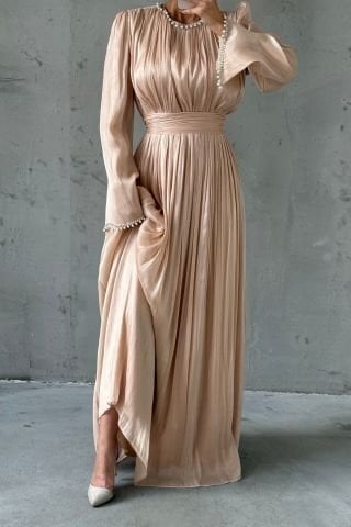 Pearl Embellished Flowing Organza Fabric Hijab Evening Dress Powder