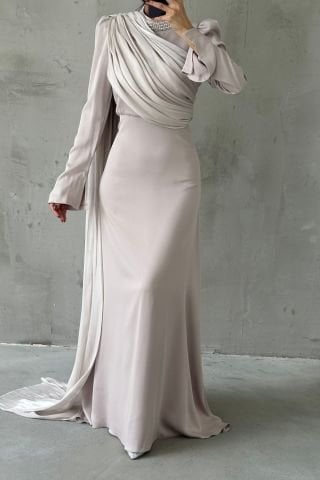 Modern Tasarım Drapeli Taş Detaylı Tesettür Abiye Taş