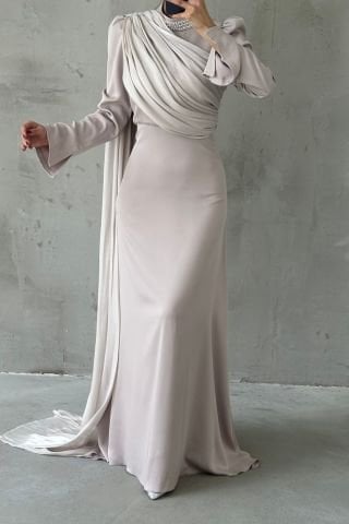 Modern Design Draped Stone Detailed Hijab Evening Dress Stone