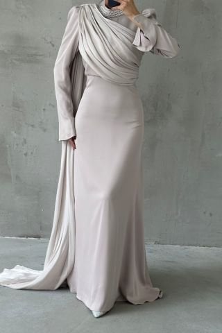 Modern Tasarım Drapeli Taş Detaylı Tesettür Abiye Taş